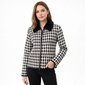Houndstooth Sweater Jacket Size Medium Full Zip